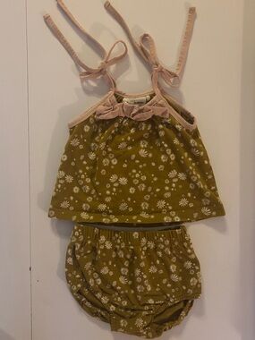 City Mouse 9-12M Floral Tankini Set in brown with Pink Trim